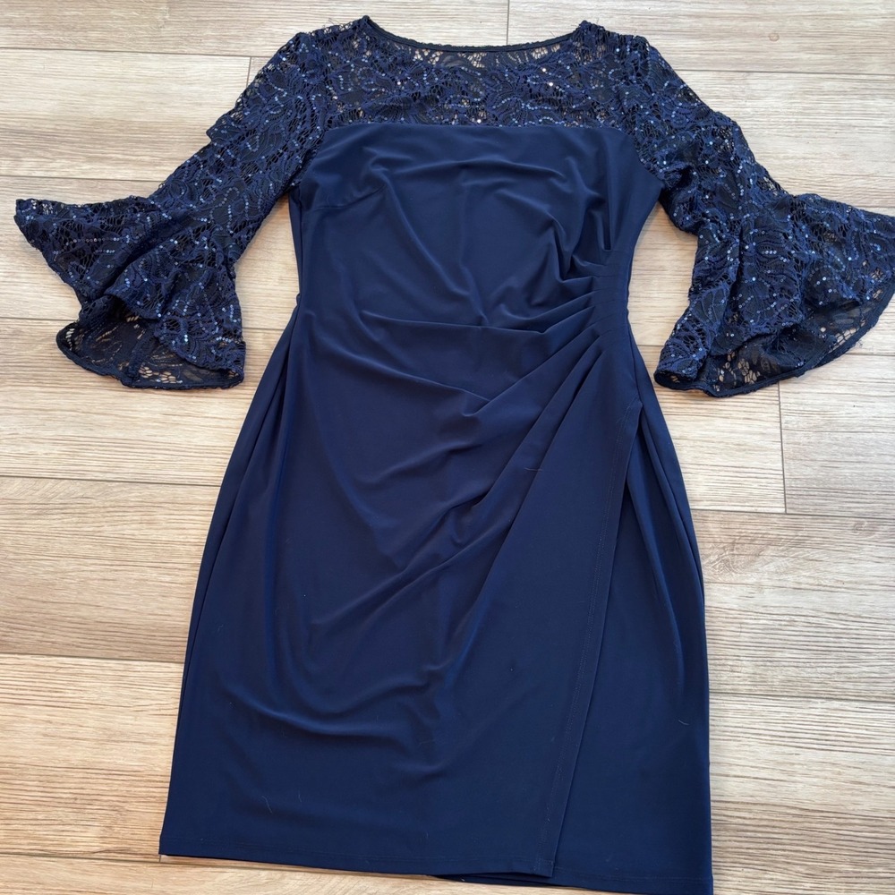 Lauren Ralph Lauren Navy Blue Lace Sequin Bell Sleeve Ruched Sheath Dress 10